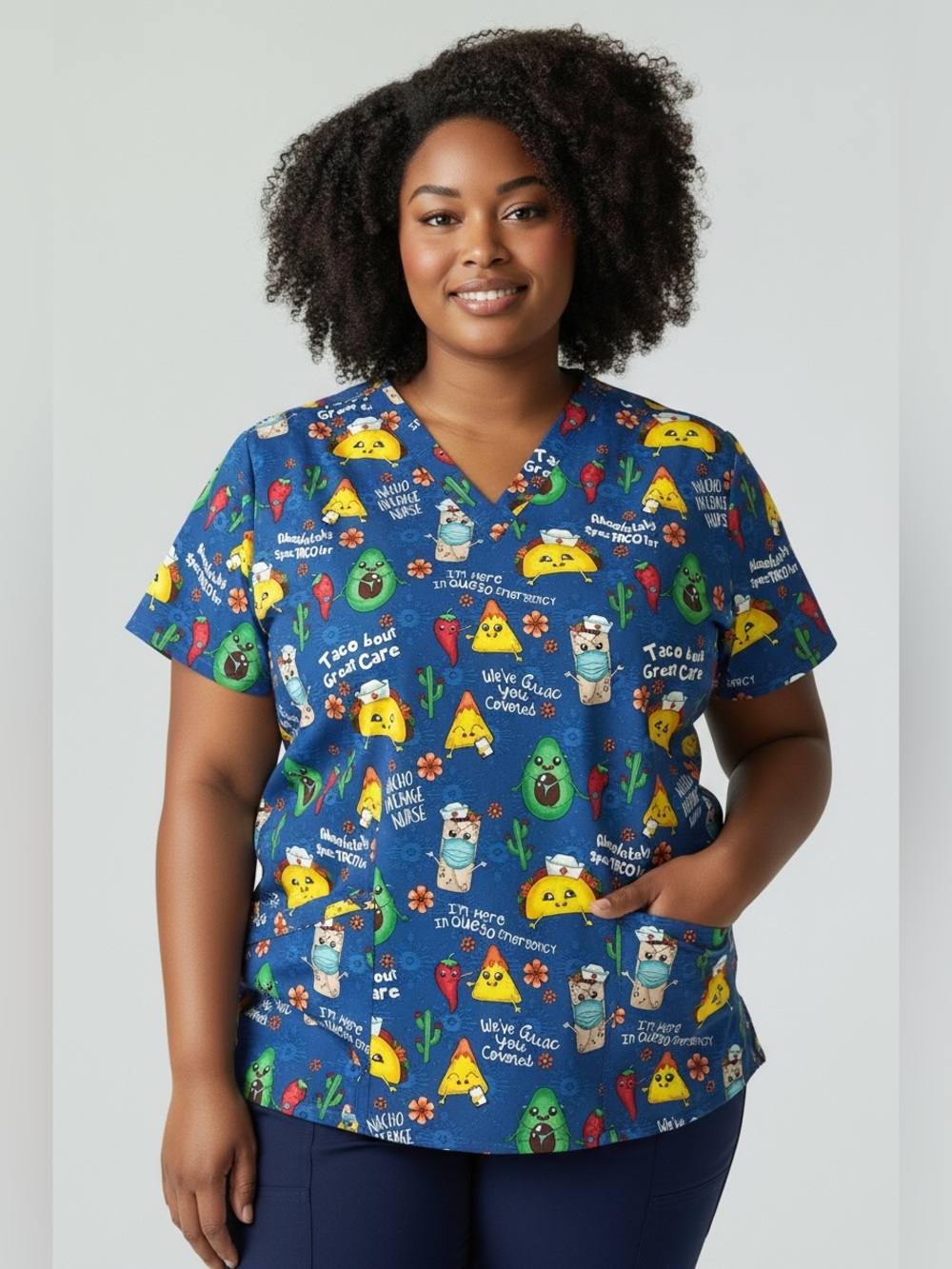 Cherokee Blue Taco Avocado Scrub Top 3XL V-Neck Medical CNA LPN Nurse Pockets